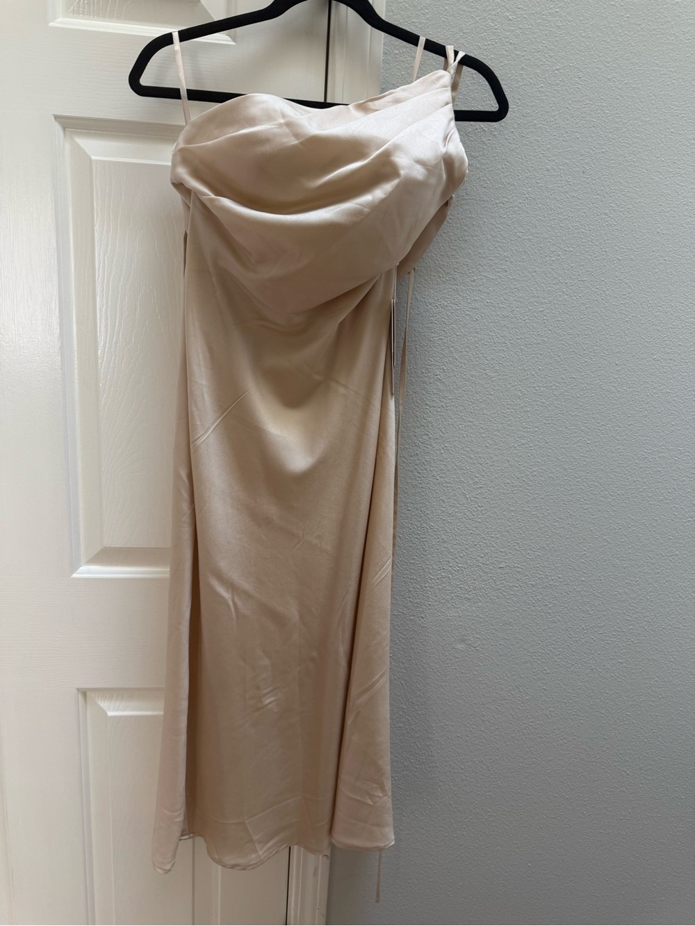 Stacees One-Shoulder Satin Midi Dress in Champagne